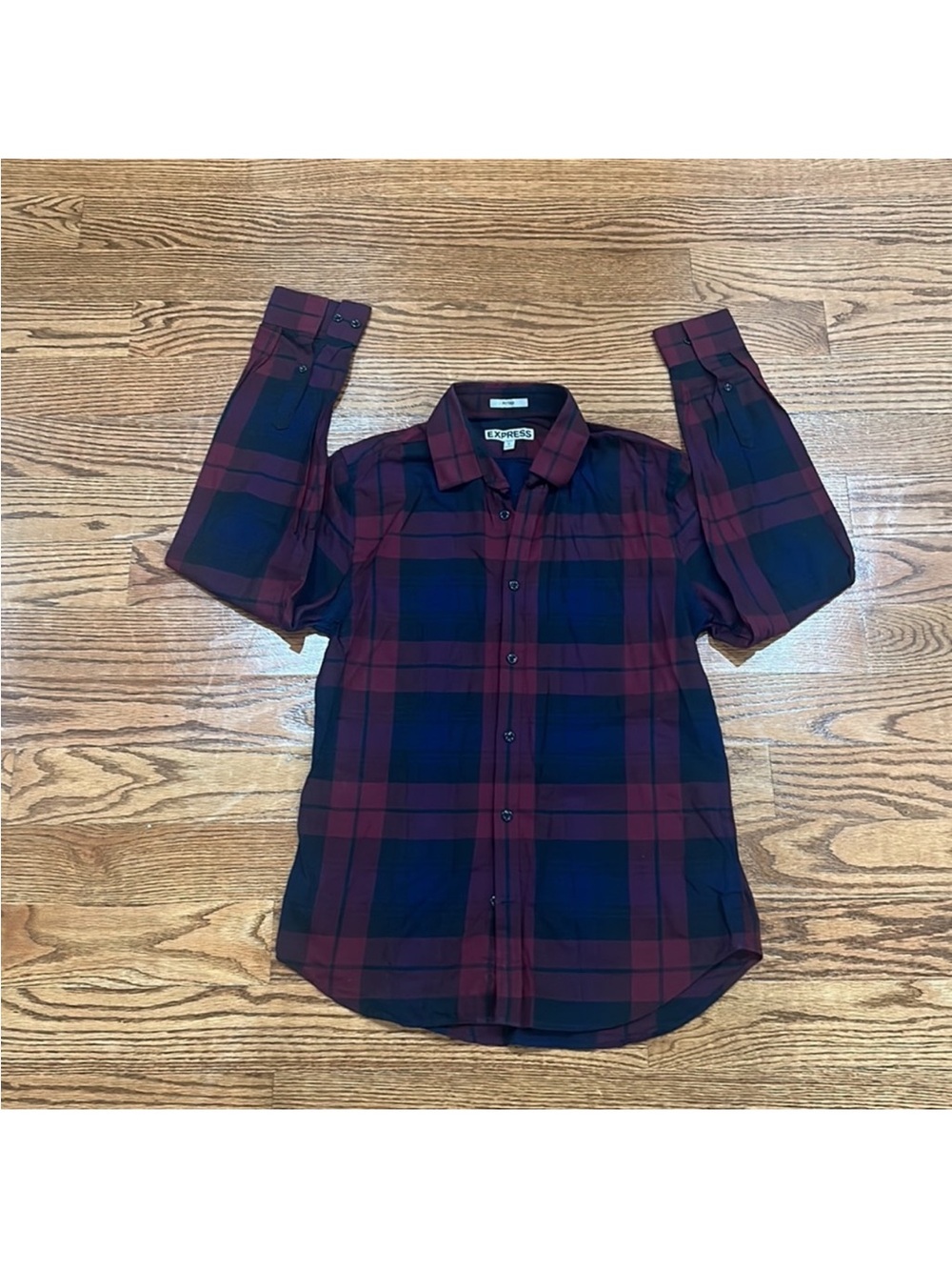 Express Burgundy and Navy Plaid Button-Down Shirt